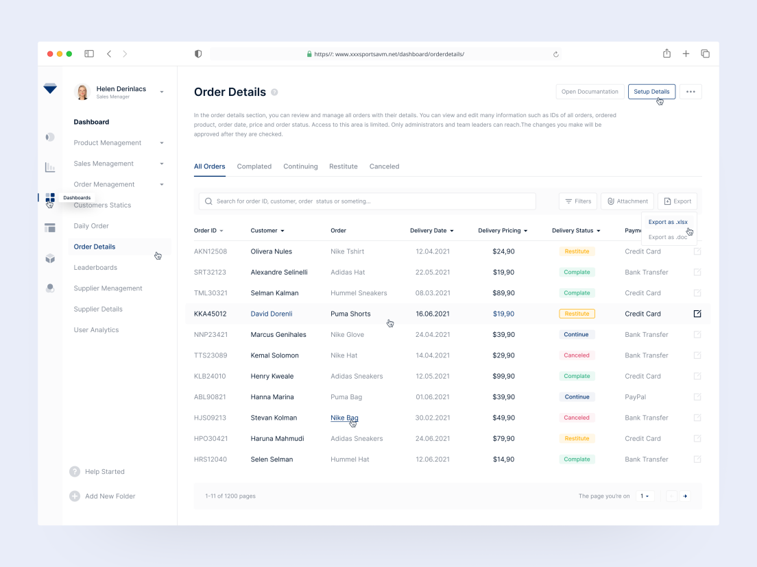 dashboard order details page