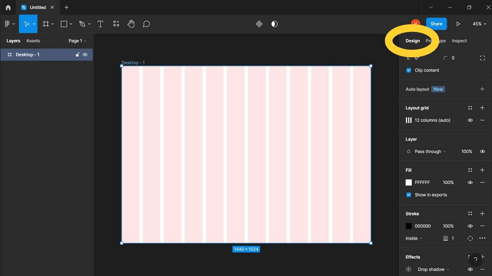 design tab overview on right-hand side panel