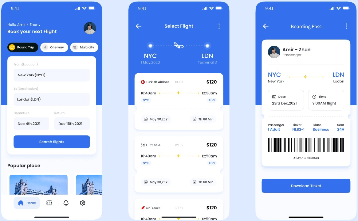 flight booking app dashboard