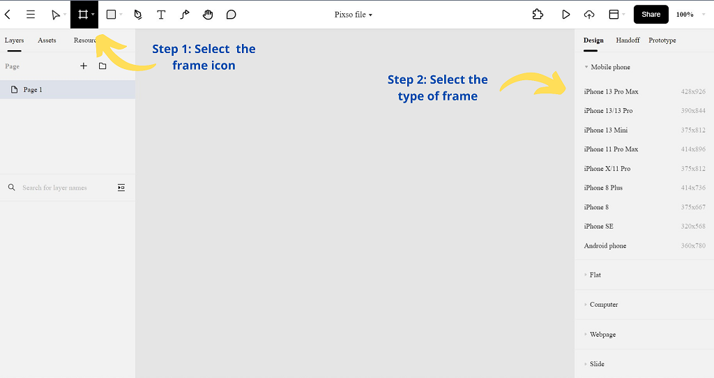 selecting the frame on pixso