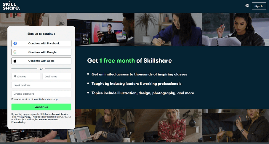 skillshare landing page design